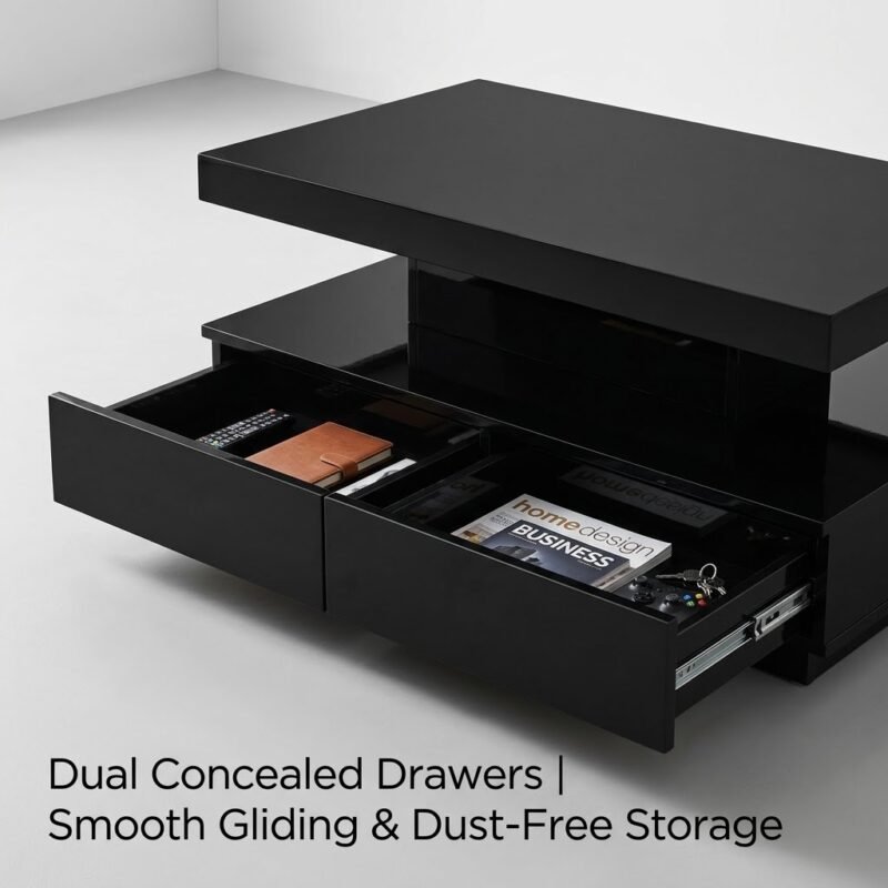 High-gloss-black-coffee-table-with-two-lower-storage-drawers-open.