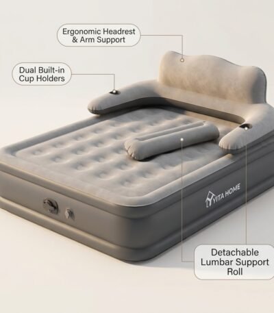 Inflatable-bed-featuring-built-in-backrest-armrests-and-cup-holders.