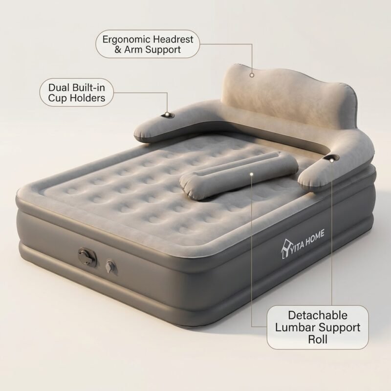Inflatable-bed-featuring-built-in-backrest-armrests-and-cup-holders.
