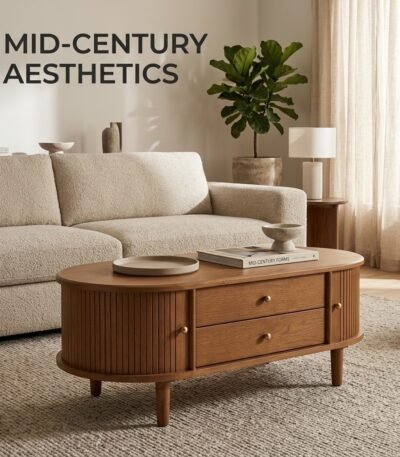 Mid-century-modern-tambour-oval-coffee-table-styled-in-high-end-living-space.