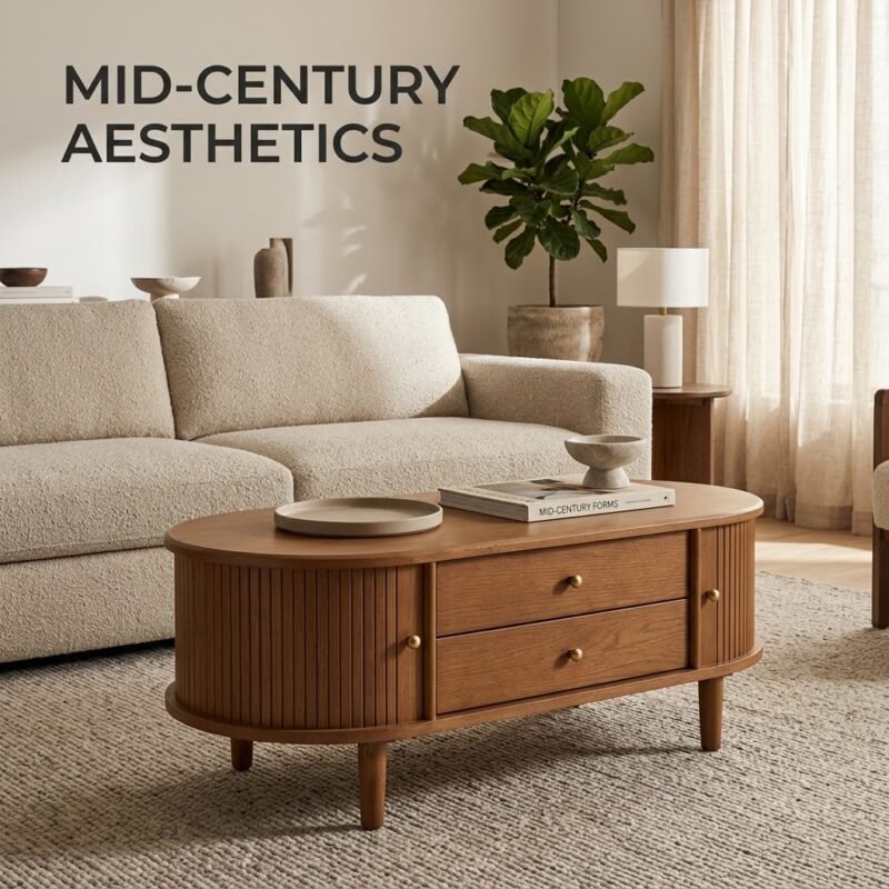Mid-century-modern-tambour-oval-coffee-table-styled-in-high-end-living-space.