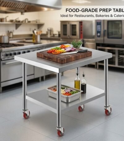 Mobile-stainless-steel-food-prep-table-used-in-a-professional-restaurant-kitchen.