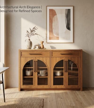 Modern-arched-credenza-buffet-cabinet-styled-in-a-contemporary-warm-dining-room-setting.