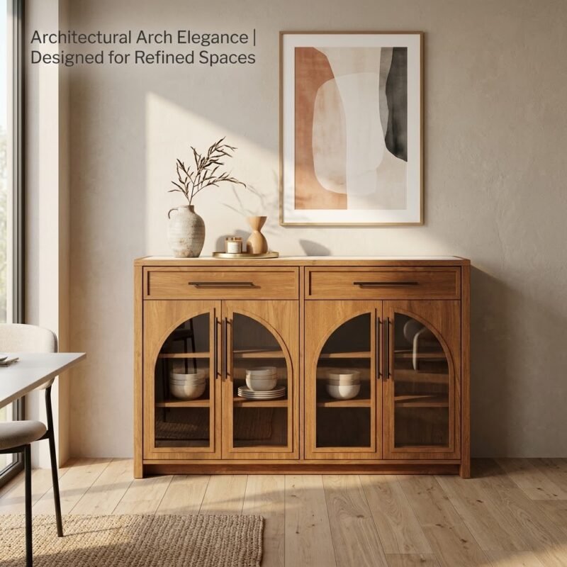 Modern-arched-credenza-buffet-cabinet-styled-in-a-contemporary-warm-dining-room-setting.