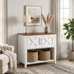 Modern-farmhouse-white-sideboard-buffet-cabinet-styled-in-a-bright-American-living-room.