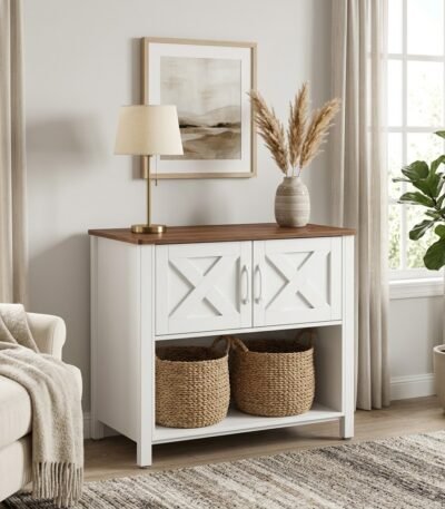 Modern-farmhouse-white-sideboard-buffet-cabinet-styled-in-a-bright-American-living-room.