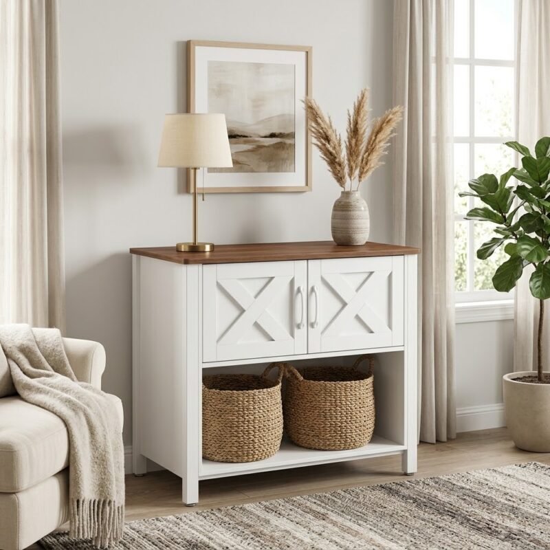 Modern-farmhouse-white-sideboard-buffet-cabinet-styled-in-a-bright-American-living-room.