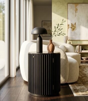 Modern-fluted-wood-end-table-placed-next-to-a-luxury-sofa-in-living-room.