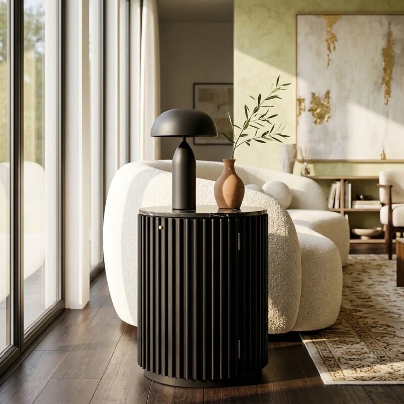 Modern-fluted-wood-end-table-placed-next-to-a-luxury-sofa-in-living-room.