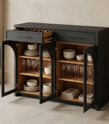 Open-view-of-arched-storage-cabinet-showing-oak-shelves-and-drawers.