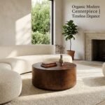 Round-dark-brown-burl-coffee-table-styled-in-a-modern-organic-living-room.