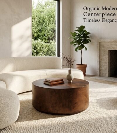 Round-dark-brown-burl-coffee-table-styled-in-a-modern-organic-living-room.