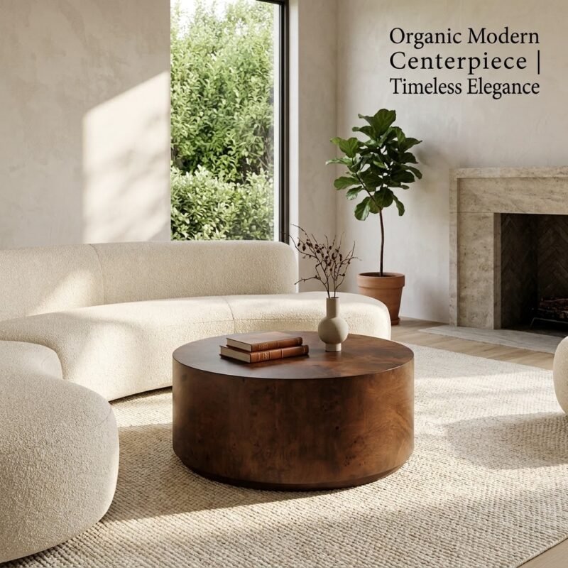 Round-dark-brown-burl-coffee-table-styled-in-a-modern-organic-living-room.