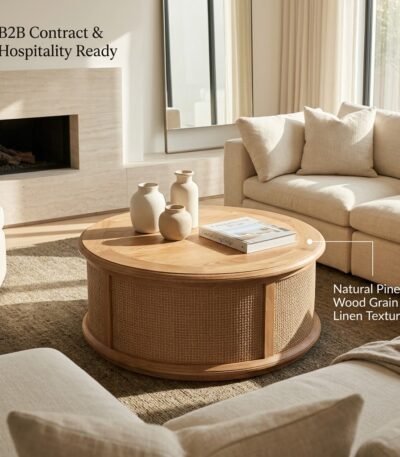 Rustic-modern-round-pine-coffee-table-styled-in-contemporary-living-room.