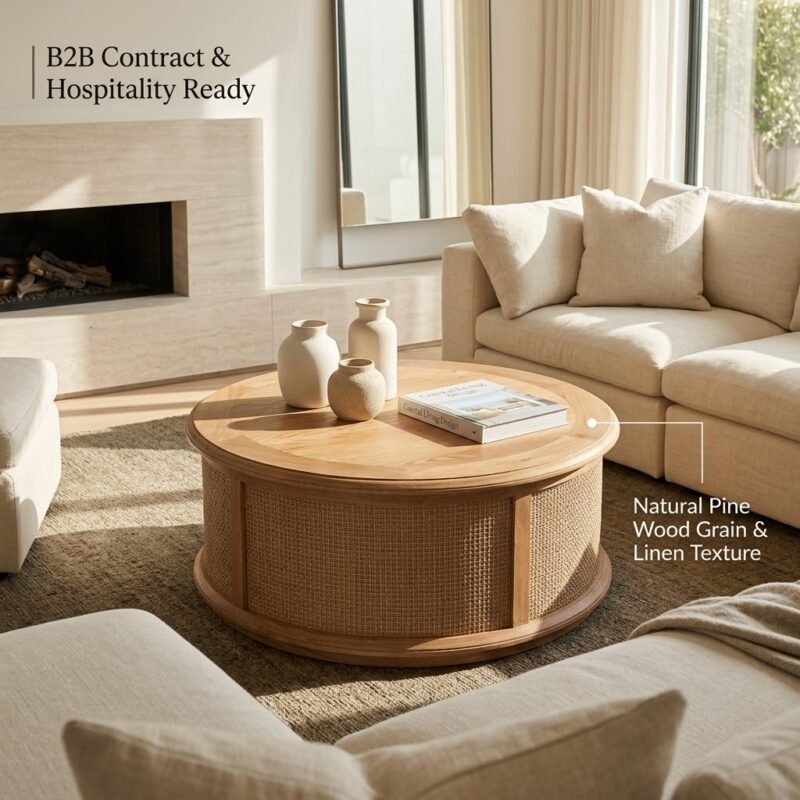 Rustic-modern-round-pine-coffee-table-styled-in-contemporary-living-room.
