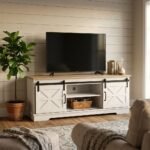 Rustic-white-TV-stand-styled-in-modern-farmhouse-living-room.