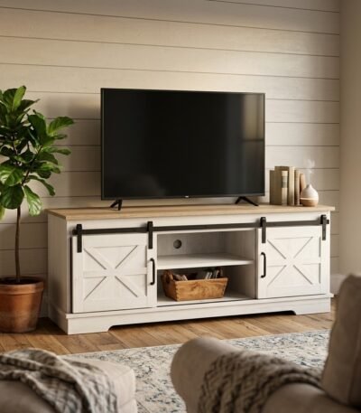 Rustic-white-TV-stand-styled-in-modern-farmhouse-living-room.