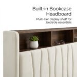 Storage-bookcase-headboard-with-wooden-shelf-and-velvet-upholstery.