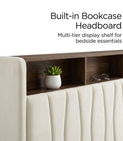 Storage-bookcase-headboard-with-wooden-shelf-and-velvet-upholstery.
