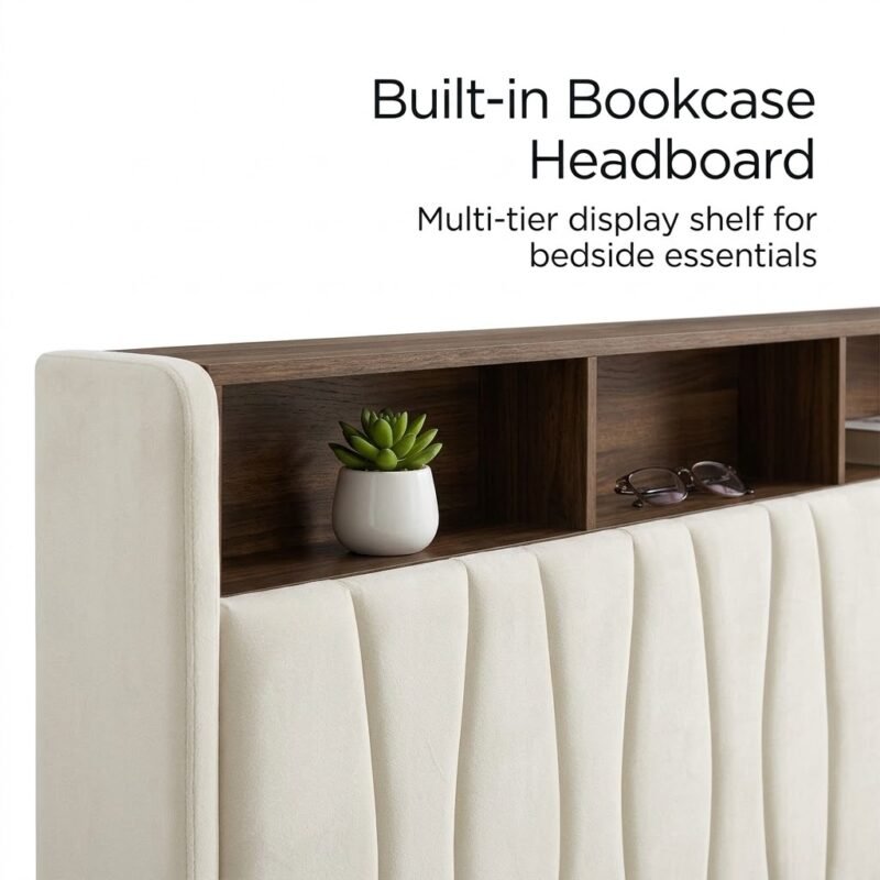 Storage-bookcase-headboard-with-wooden-shelf-and-velvet-upholstery.