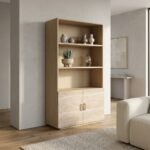 Tall-oak-storage-cabinet-styled-in-a-contemporary-American-living-room.