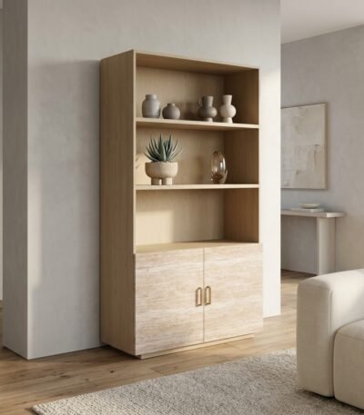 Tall-oak-storage-cabinet-styled-in-a-contemporary-American-living-room.