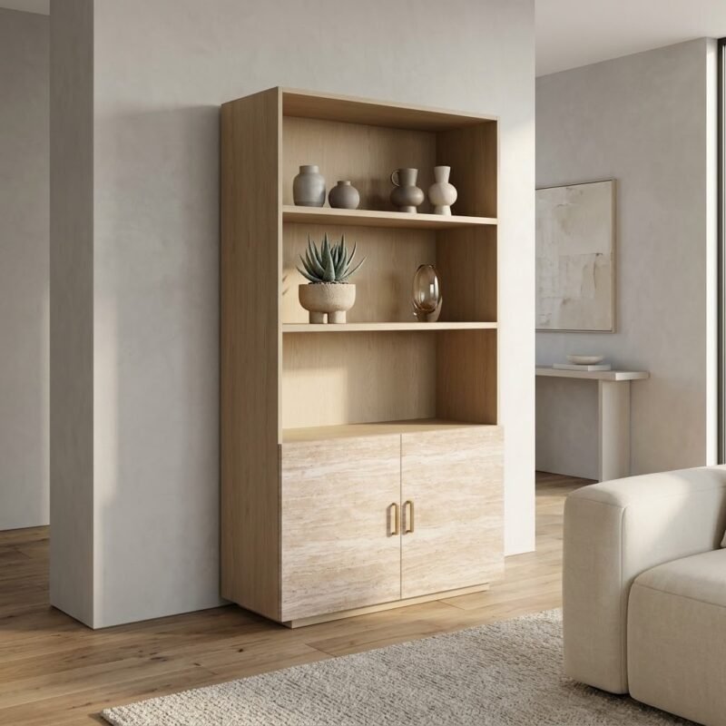 Tall-oak-storage-cabinet-styled-in-a-contemporary-American-living-room.