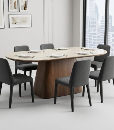 The-stone-and-walnut-table-set-with-chairs-in-a-contemporary-showroom.