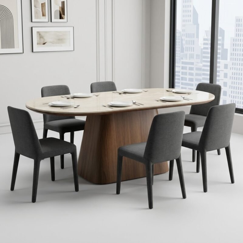 The-stone-and-walnut-table-set-with-chairs-in-a-contemporary-showroom.