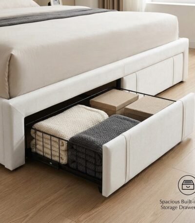 Under-bed-pull-out-storage-drawers-on-modern-velvet-platform-bed.