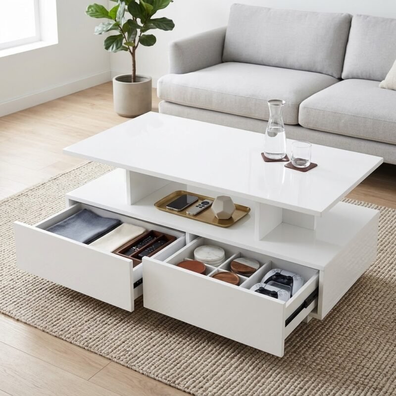 .White-coffee-table-featuring-dual-smooth-glide-drawers-and-open-central-storage-shelf.