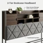 Bookcase-headboard-with-open-storage-compartments-and-upholstered-padding.