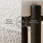 Close-up-views-of-the-thick-textured-white-chenille-fabric-and-the-rich-grain-of-the-dark-stained-ash-wood-frame.
