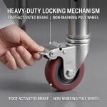 Detail-shot-of-MMK-stainless-steel-table-casters-featuring-full-swivel-and-foot-activated-locking-mechanism.