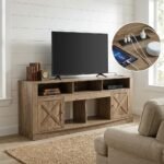 Lifestyle-photo-of-a-rustic-oak-TV-stand-with-barn-doors-in-a-farmhouse-living-room.