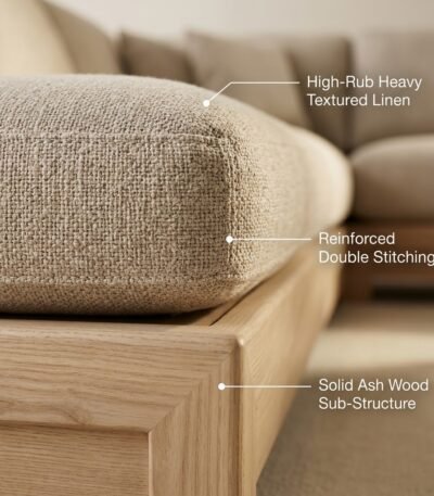 3.Macro-close-up-shot-highlighting-heavy-duty-textured-faux-linen-upholstery-French-piping-seams-and-natural-solid-ash-wood-base