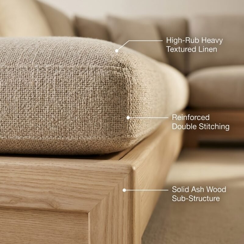 3.Macro-close-up-shot-highlighting-heavy-duty-textured-faux-linen-upholstery-French-piping-seams-and-natural-solid-ash-wood-base