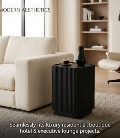 Modern-black-fluted-side-table-beside-luxury-fabric-sofa-in-living-room.