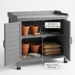 Open-double-doors-showing-spacious-2-tier-storage-shelves-for-gardening-tools-and-supplies.