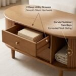 Open-drawer-slide-and-curved-tambour-storage-compartments-on-wooden-coffee-table.