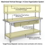 Stainless-steel-worktable-featuring-2-tier-overshelf-and-3-drawers.