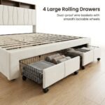 Wire-mesh-storage-drawers-pulled-out-from-under-the-upholstered-bed.