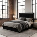 A-fully-dressed-modern-black-velvet-bedstead-in-a-US-interior-setting.