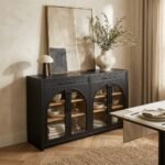Black-and-oak-arched-sideboard-styled-in-a-contemporary-dining-room.