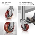 Close-up-of-360-degree-swivel-lockable-caster-wheels-on-stainless-steel-work-table.