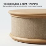 Close-up-of-beveled-wood-edge-and-woven-linen-craftsmanship-on-coffee-table.
