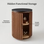 Curved-cabinet-door-open-displaying-interior-storage-shelf-of-fluted-side-table.