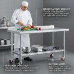 Demonstration-of-the-stable-MMK-commercial-stainless-steel-prep-table-with-a-chef-using-it-and-detail-of-the-adjustable-undershelf.