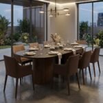 Full-view-of-the-oval-dining-table-set-for-eight-people-with-chairs-and-a-modern-tablescape-in-a-luxury-interior.