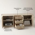Open-doors-and-drawers-of-fluted-TV-credenza-showing-interior-storage-space.